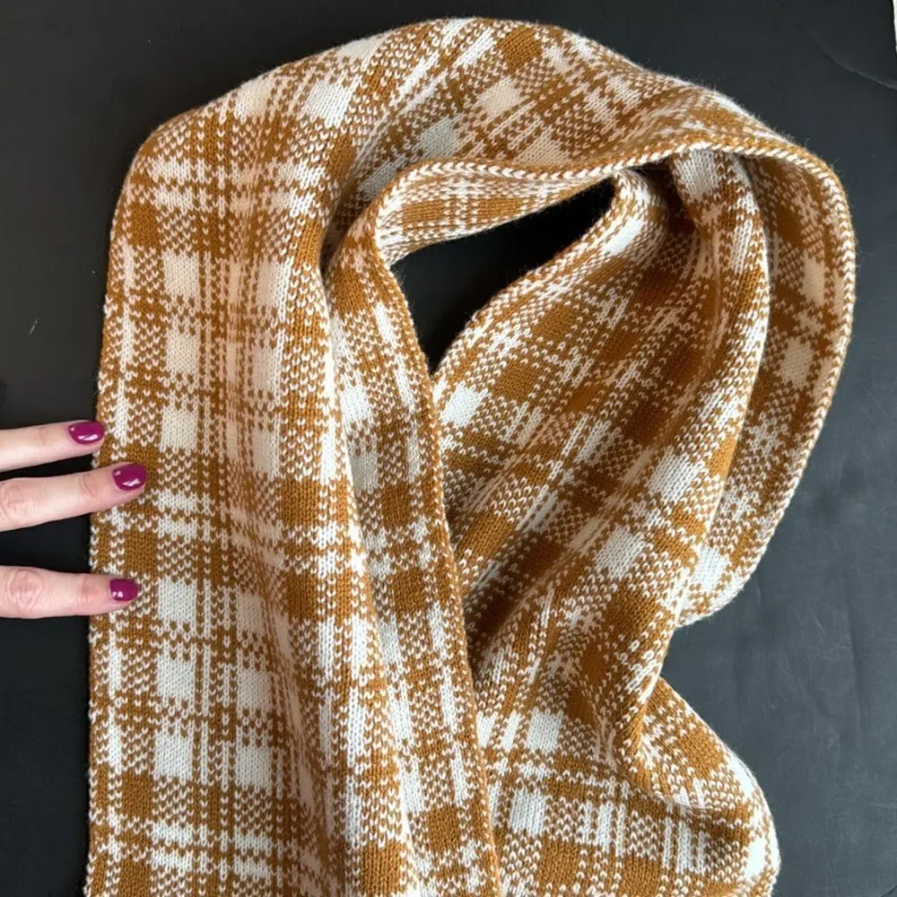 NWT Timberland Buffalo Plaid Knit‎ Scarf Cozy Logo Checkered Tan Cream